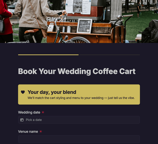 Wedding Coffee Cart Package Booking Form