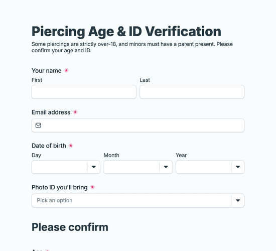 Piercing Age & ID Verification Form