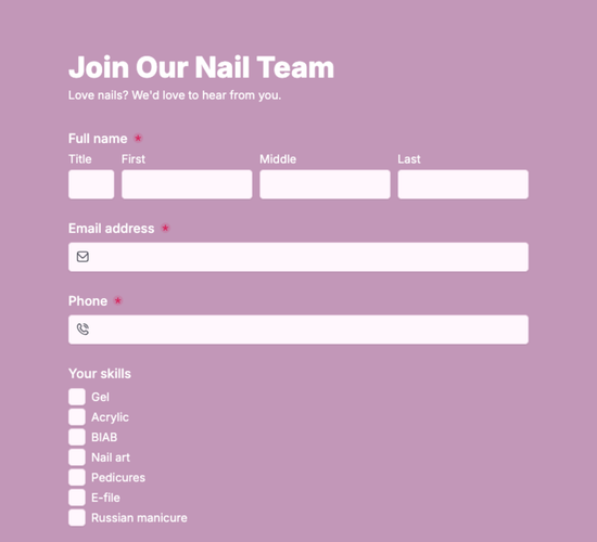 Nail Technician Job Application Form