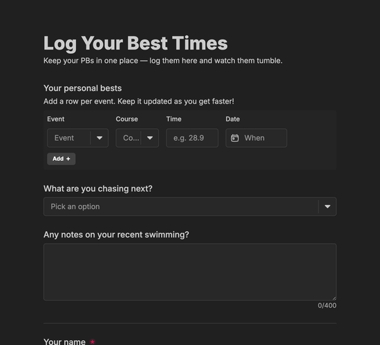 Swimming Personal Best Times Log Form