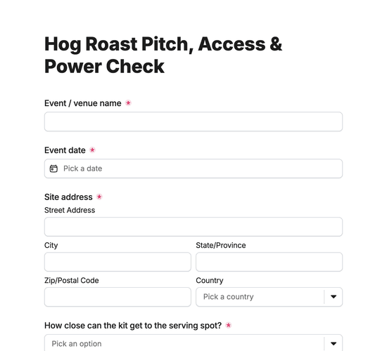 Hog Roast Pitch, Access & Power Check Form