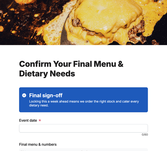 Burger & Sides Menu & Dietary Confirmation Form
