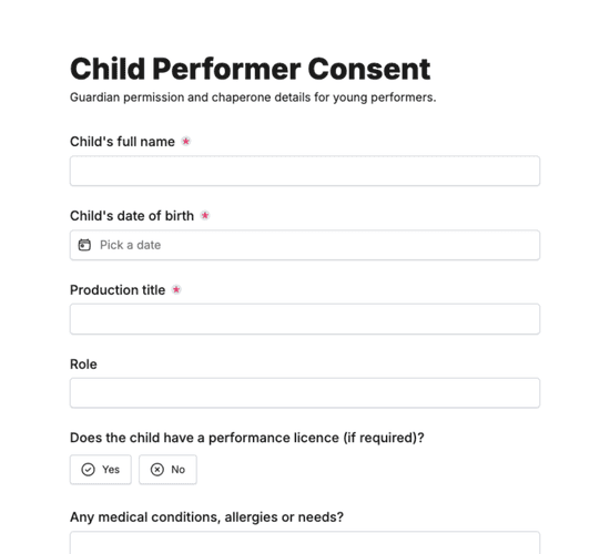 Child Performer & Chaperone Consent Form
