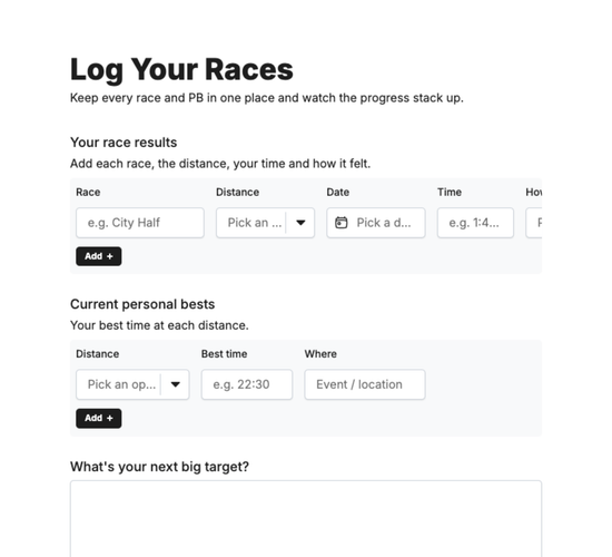 Personal Best & Race Log Tracker Form