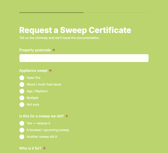 Chimney Sweep Certificate Request Form