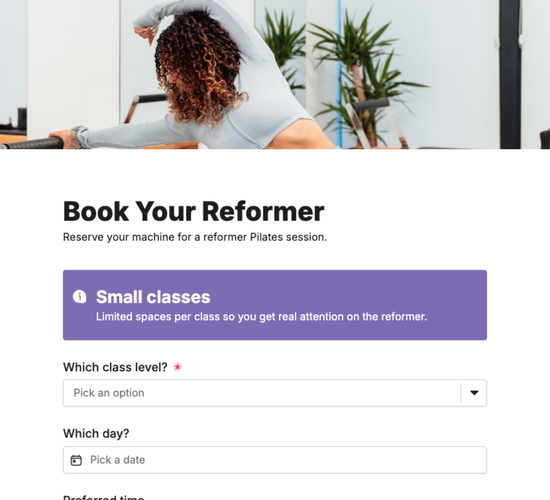 Reformer Pilates Class Booking Form