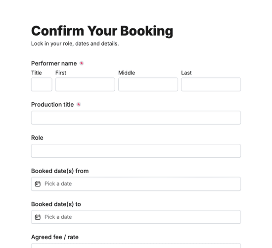 Talent Booking Confirmation Form