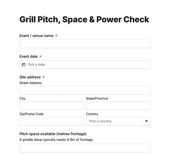 Grill Pitch, Space & Power Check Form