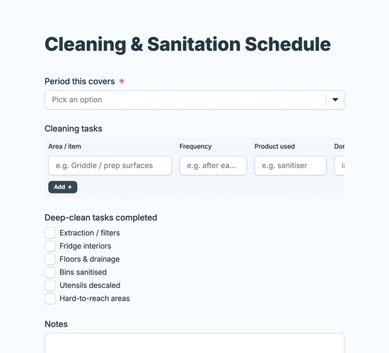 Cleaning & Sanitation Schedule Form