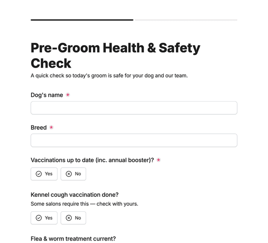 Pre-Groom Health, Vaccination & Behaviour Check Form